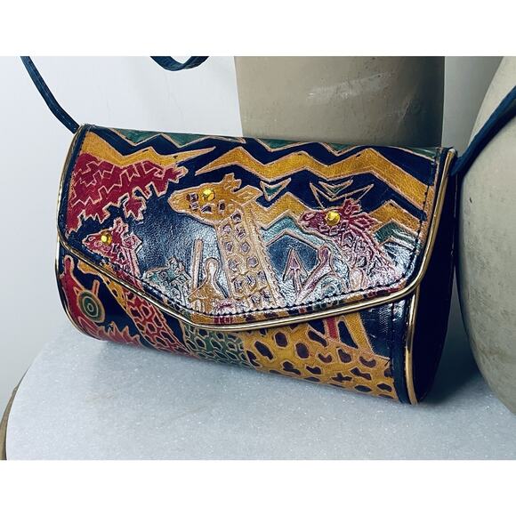 VTG Leather Embossed Giraffe Wildlife Jungle Africa Structured Crossbody Bag - Picture 11 of 12